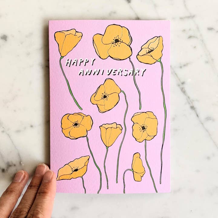 Madeleine Sywulak US - Wholesale Anniversary Card - Happy Anniversary Poppies Card - Orange & Pink0