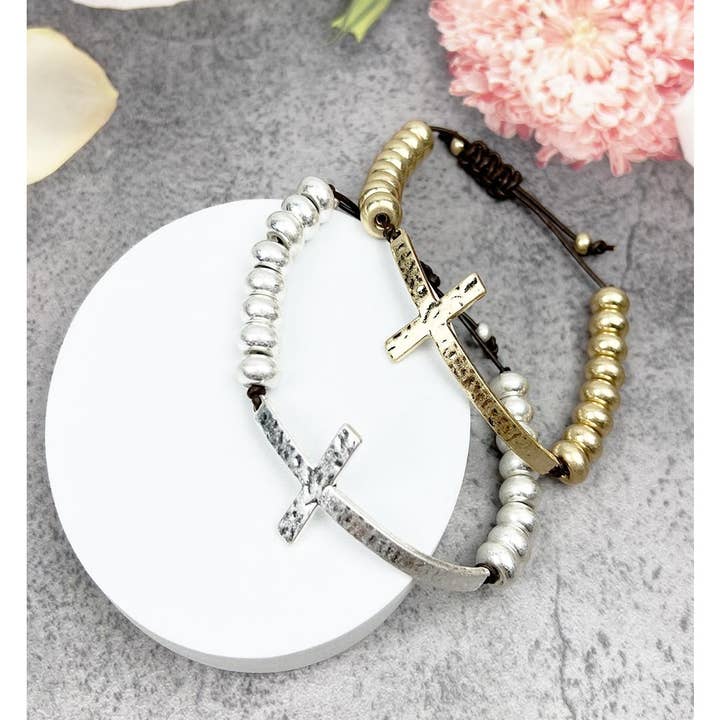 CROSS WITH METAL BEADED PULL TIE BRACELET for wholesale by JHP Collection