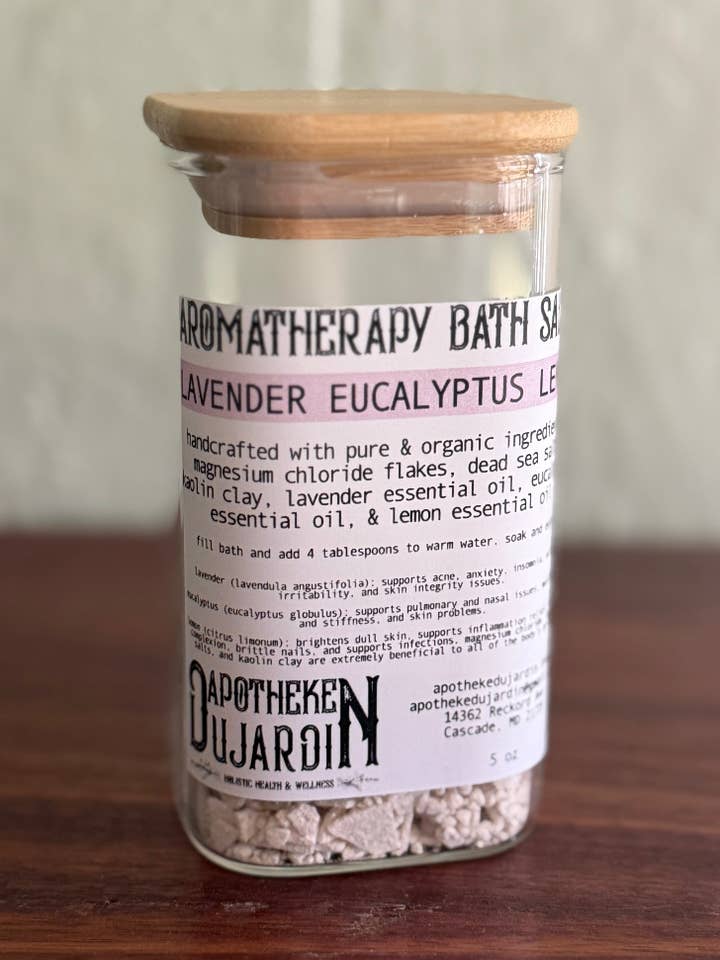 Aromatherapy Bath Salts- Lavender, Eucalyptus, & Lemon for wholesale by Apotheke DuJardin