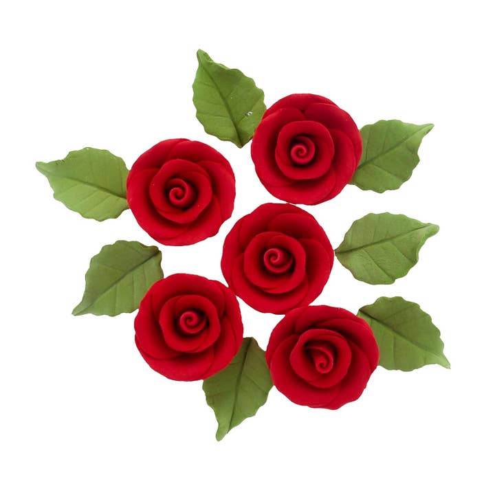 Premium eetbare rozen met bladeren, eetbare suiker cake & cupcake bloemenkit, door Global Sugar Art, rood voor wholesale door Global Sugar Art