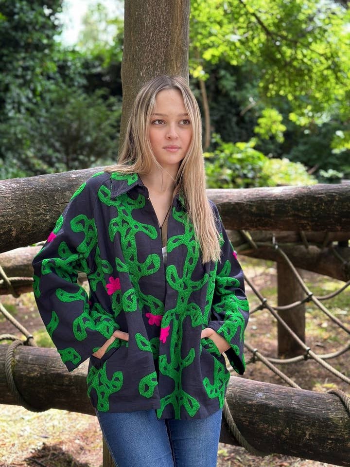 Suzani Hand Embroidered Unisex Bolero Short Artist Jacket Spring Boho Festival Special Love Gift | Quirky Black Green Pink Cactus Love Motif for wholesale by Essential Designs London