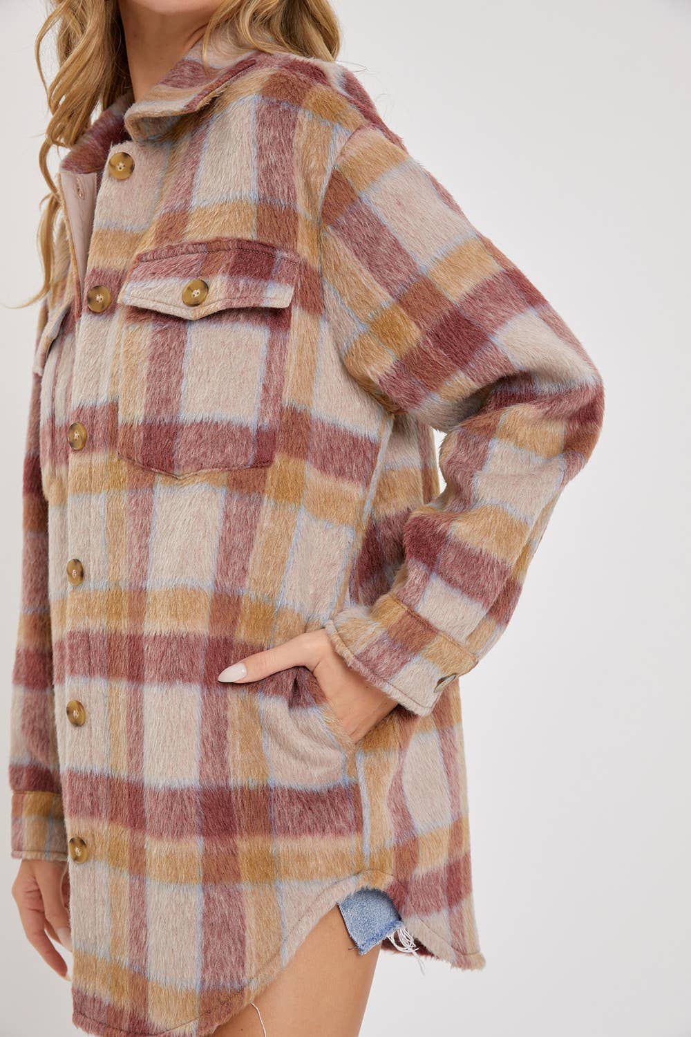 MAUVE BURGUNDY OUTERWEAR CLASSIC PLAID SHACKET/JACKET for wholesale on Faire13
