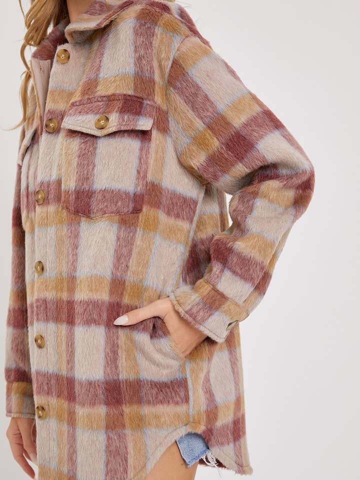 MAUVE BURGUNDY OUTERWEAR CLASSIC PLAID SHACKET/JACKET for wholesale on Faire13