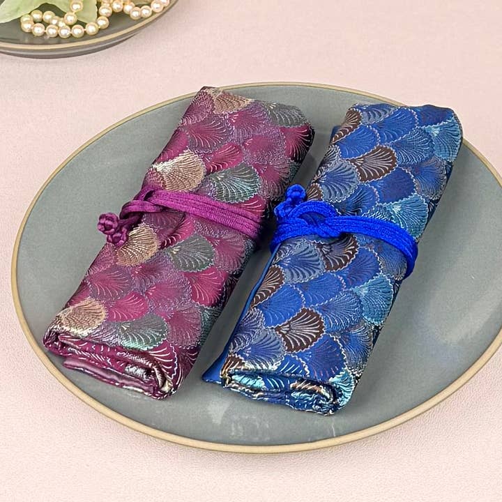 Sea Shell Brocade Jewelry Rolls, Travel Jewelry Pouch for wholesale by Cathayana