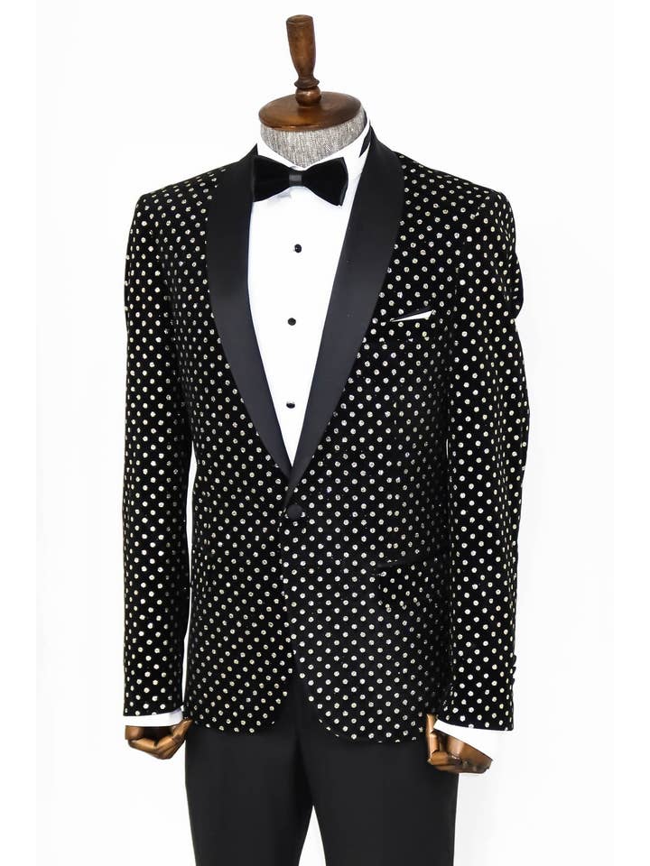 Negro Blazer de Promoción para Hombre Negro de Ajuste Entallado con Patrón de Puntos - Solapa de Chal de venta al por mayor en Faire