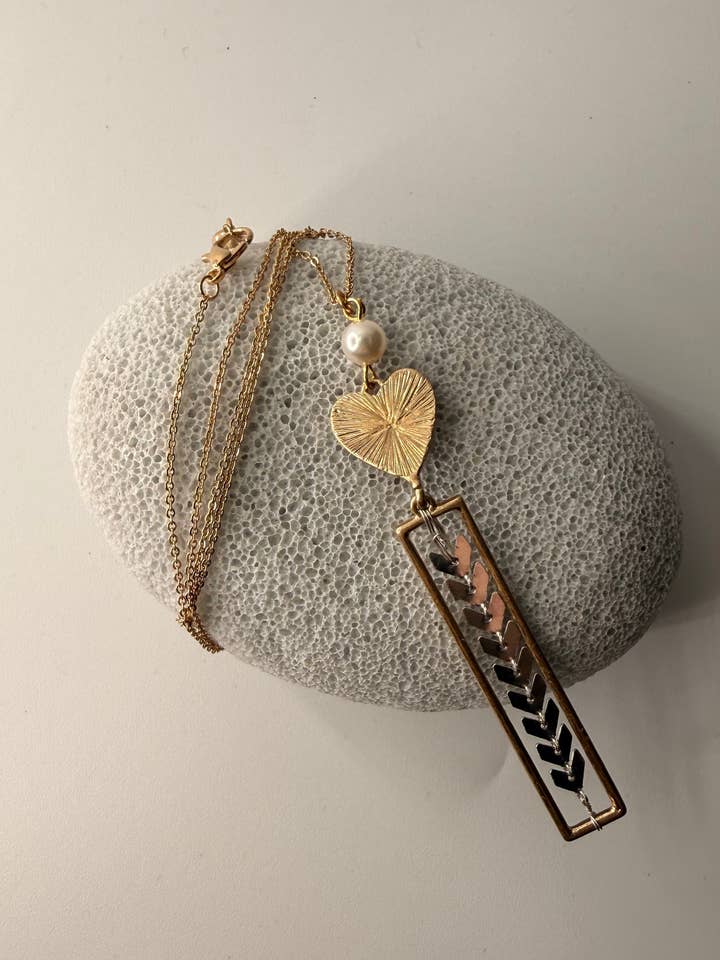 Colar de Declaração de Coração Bicolor e Pérola por atacado de Wake Up & Glow