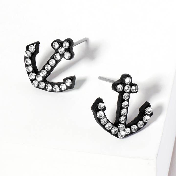 Sensibling Corp. - Wholesale Stud/Post Earrings - Crystal Rhinestone Paved Anchor Stud Earrings