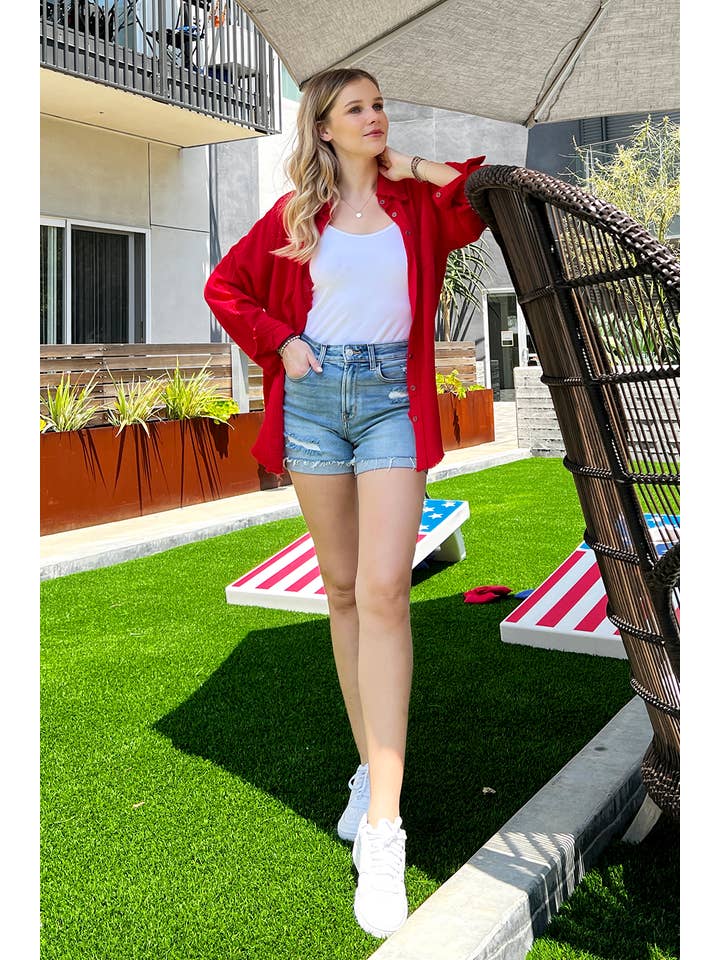 42POPS - Wholesale Button Down Shirt - Women's - ,,,,,..SI-23630 Oversized Raw Edge Shirt W/ Back Patch