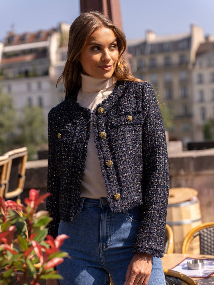 Attentif Paris - Wholesale Blazer – Women's - Cropped crew neck fitted tweed blazer jacket6