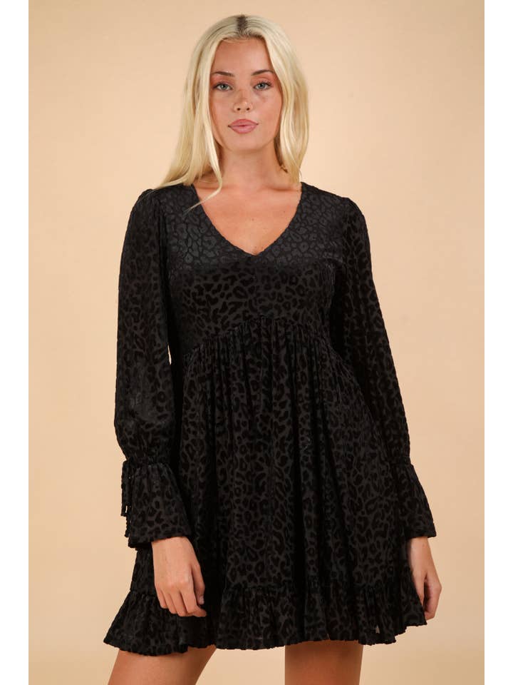 VERY J - Wholesale Dress - Women's - ND31550-Leopard Velvet Ruffled Holiday Mini Dress