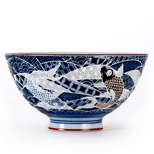 Urban Tokyo – Engroshandel Pyntetallerken/skål – Koi Fish Design 10 oz 4.5"Dia x 2.5" H Porcelænsrisskål Blå0