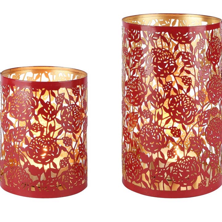 Set 2 tubes 'Wild Roses', red/gold, metal, 12x12x20cm for wholesale by Dekoratief