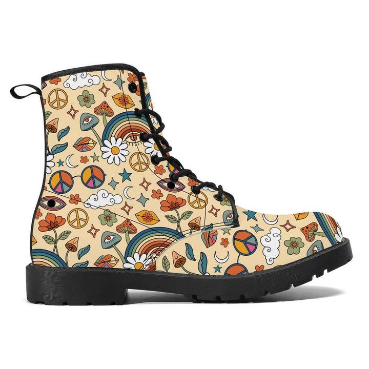 Raiana's Vibes - Wholesale Combat/Military Boots - Men's - Peace and Love Vegan Leather Boots, Witchy Boots, Handcrafted Boots, Ankle Boots, Combat Boots, Mens Boots, Hippie Boots, Trippy Hippie
