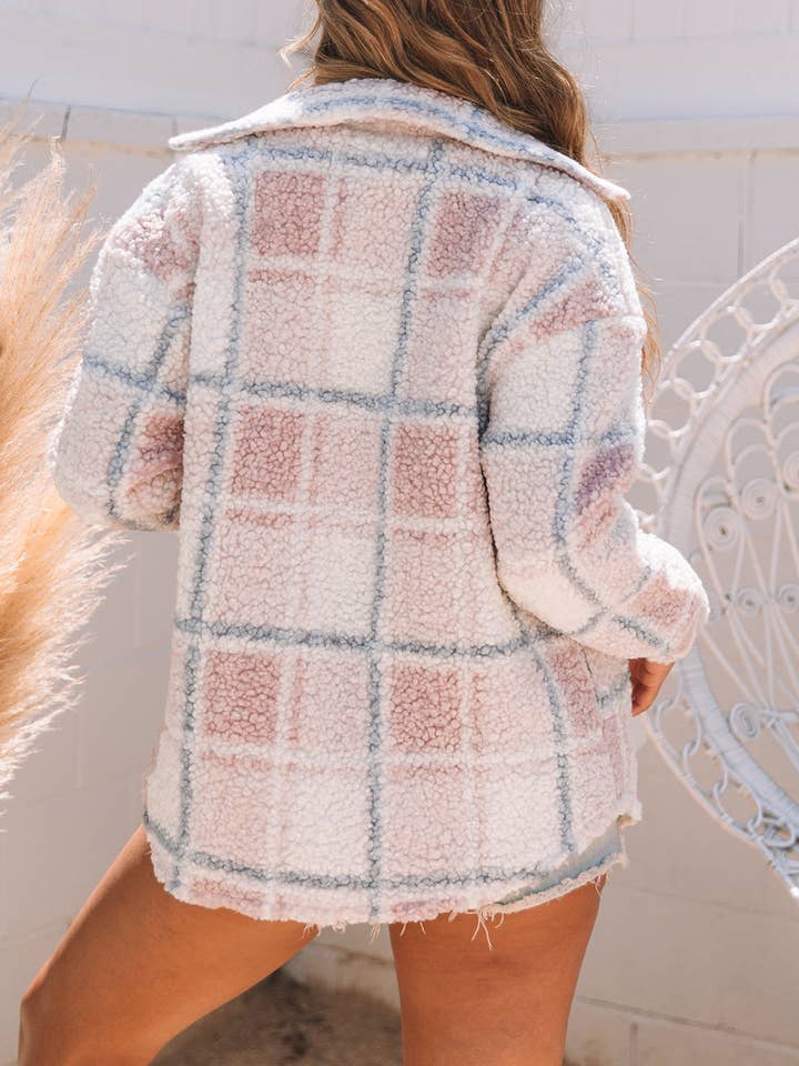 Multicolor Checker Print Turn Down Collar Sherpa Shacket for wholesale on Faire