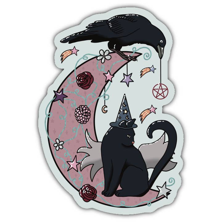 Wizard Cat & Crow - Autocollant en vinyle pour la vente par Amanda Eiden
