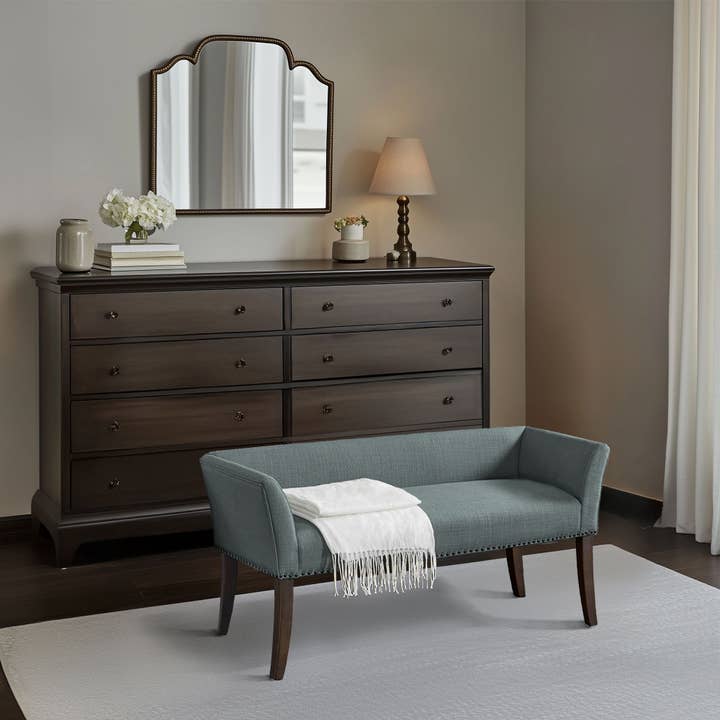 Flared Low Arm Low Back Accent Bench Chair, Slate Blue for wholesale by Olliix