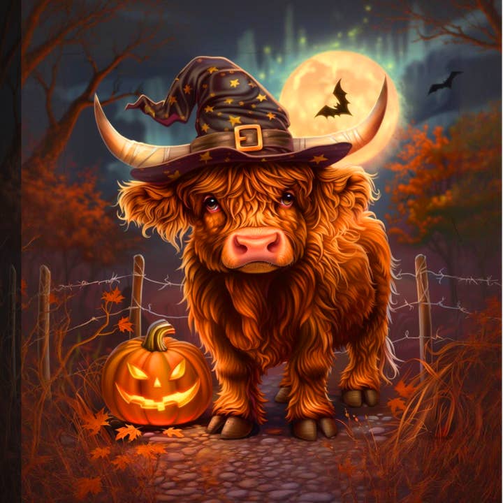 HALLOWEEN HIGHLAND COW 8X6IN LED CANVAS FALL AUTUMN GIFT for wholesale by Classy Art Designs, LLC