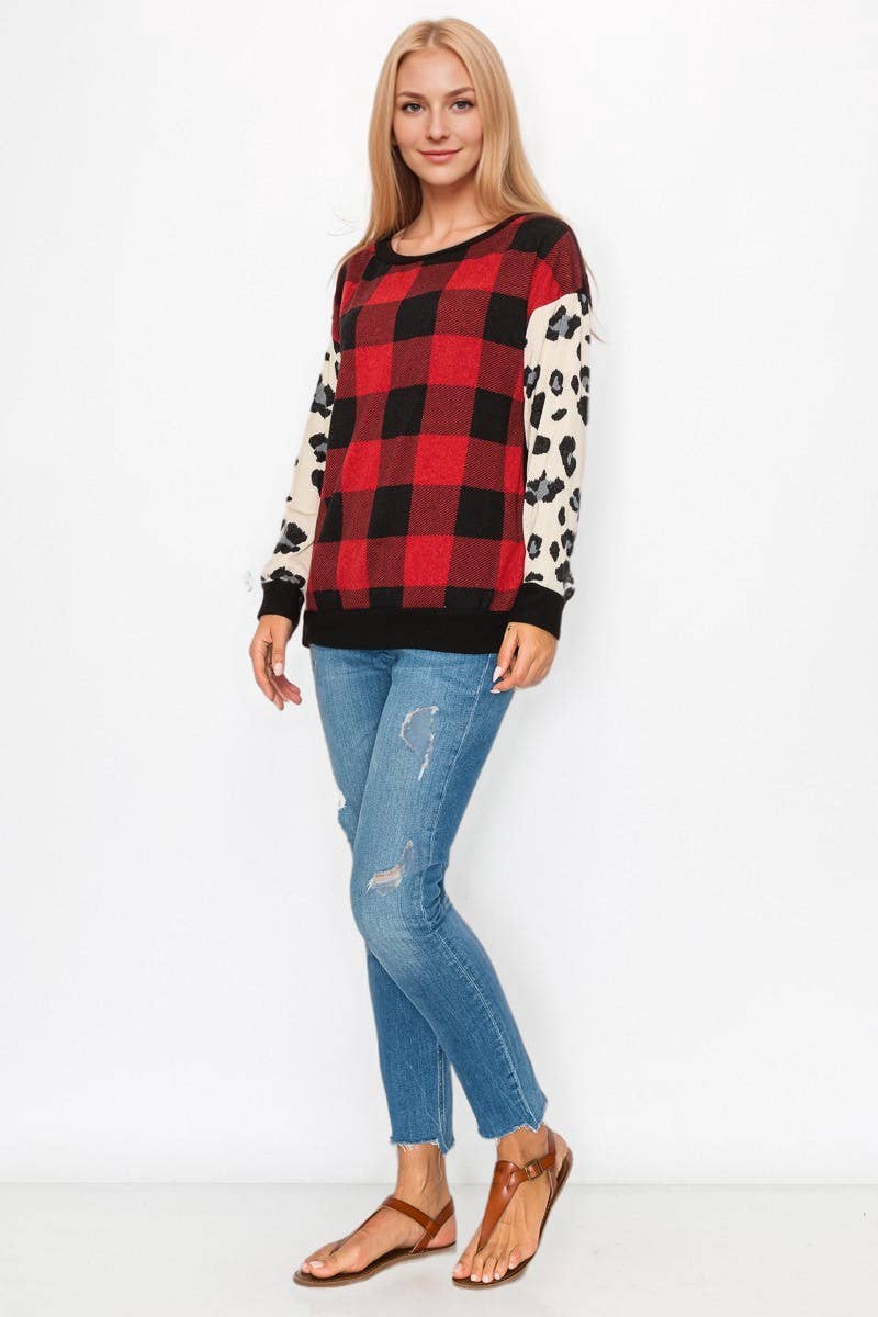 Röd 10599L195 Rutig med djurmotiv Långärmad topp för wholesale på Faire8