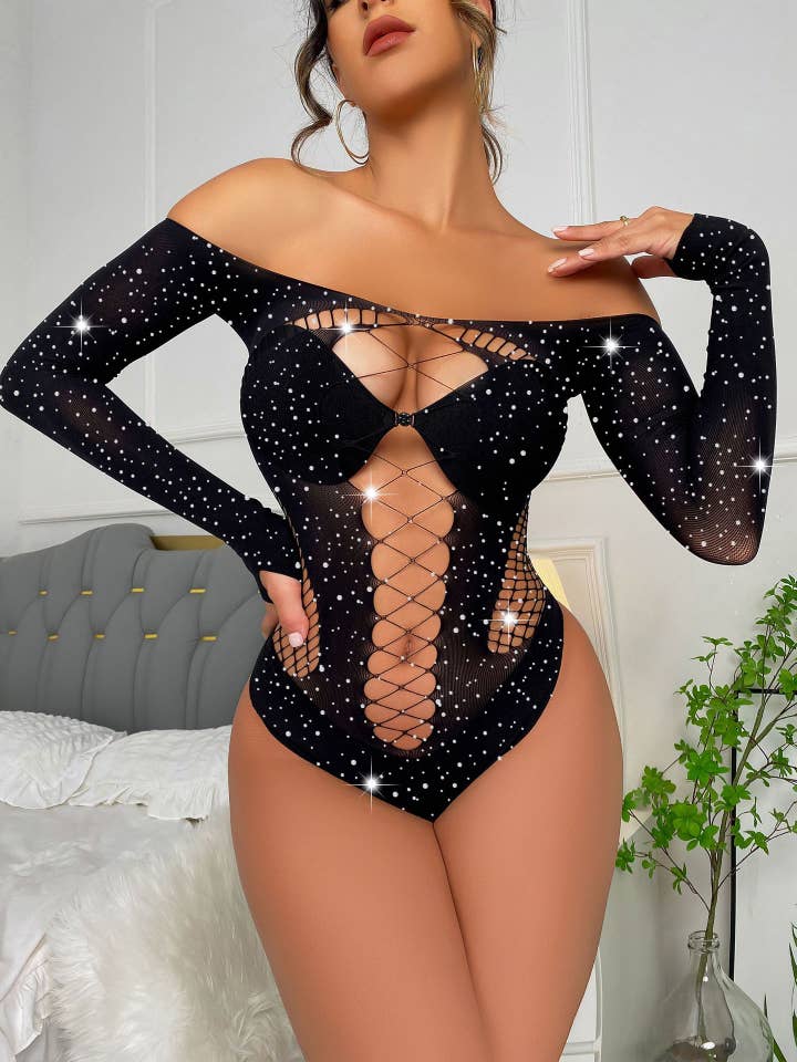 Sweetkama – wholesale Lingerie bodysuit – Women's – Sparkle Fishnet Teddy See Throught Lingerie Bodysuit2