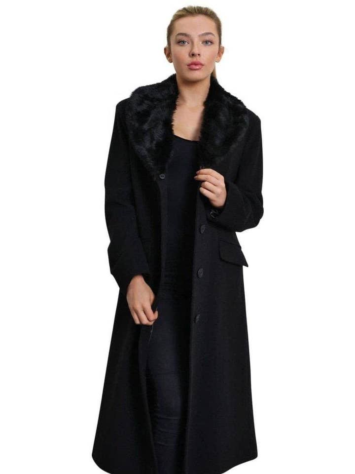 De La Creme - Manteau long surdimensionné à col en fausse fourrure pour femme pour la vente par De La Creme Fashions