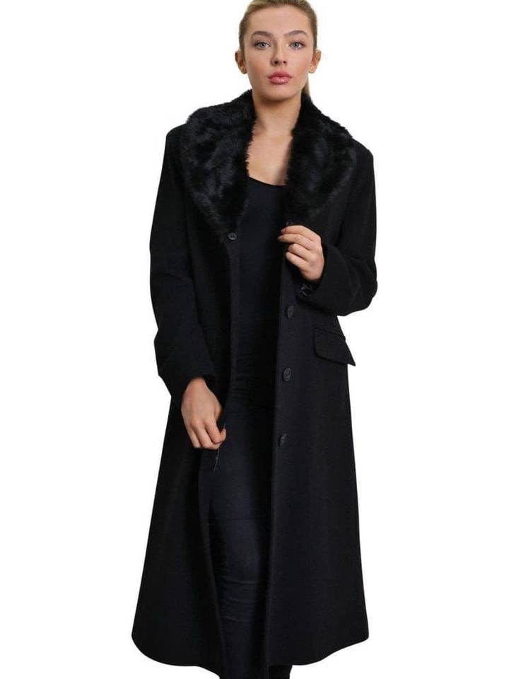 De La Creme - Manteau long surdimensionné à col en fausse fourrure pour femme pour la vente par De La Creme Fashions