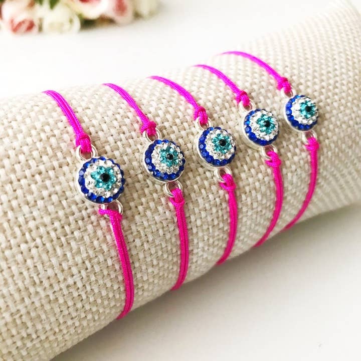 Evileyefavor - Vendita all'ingrosso Braccialetto con ciondolo/pendente - Bracciale Evil Eye, braccialetto con cordoncino rosa, bracciale con filo regolabile