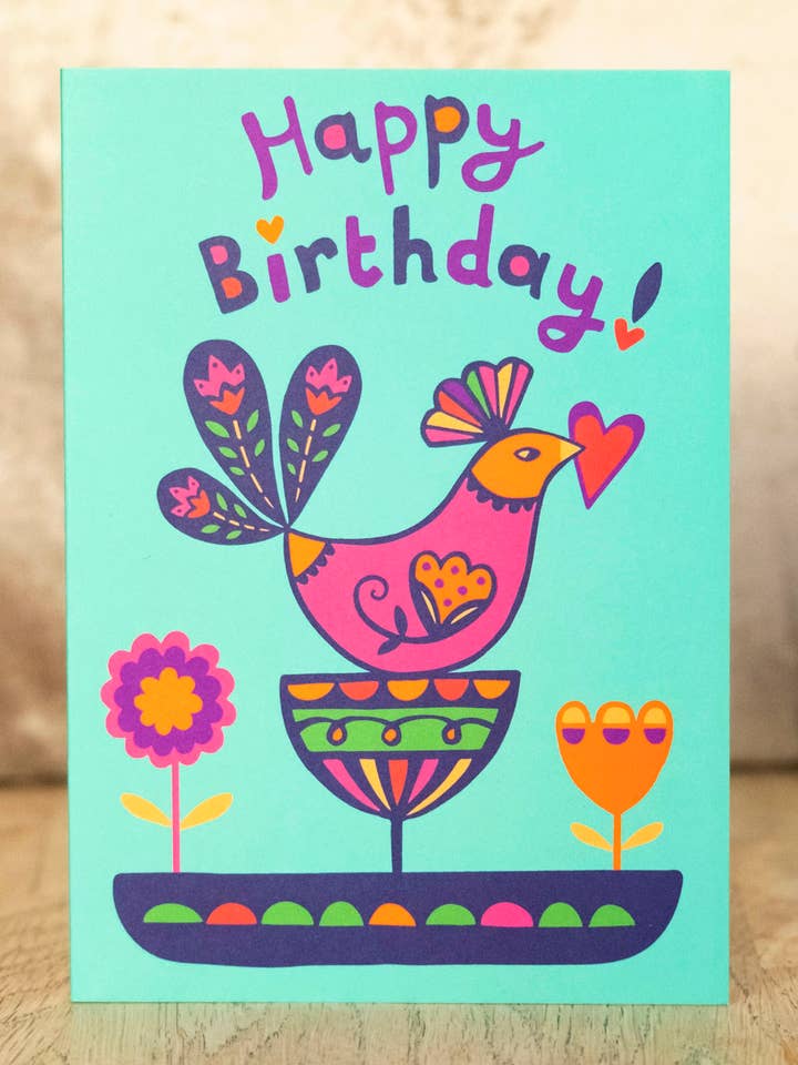 Mid Century Mexican Peacock Birthday Card for wholesale by Lunar Apple
