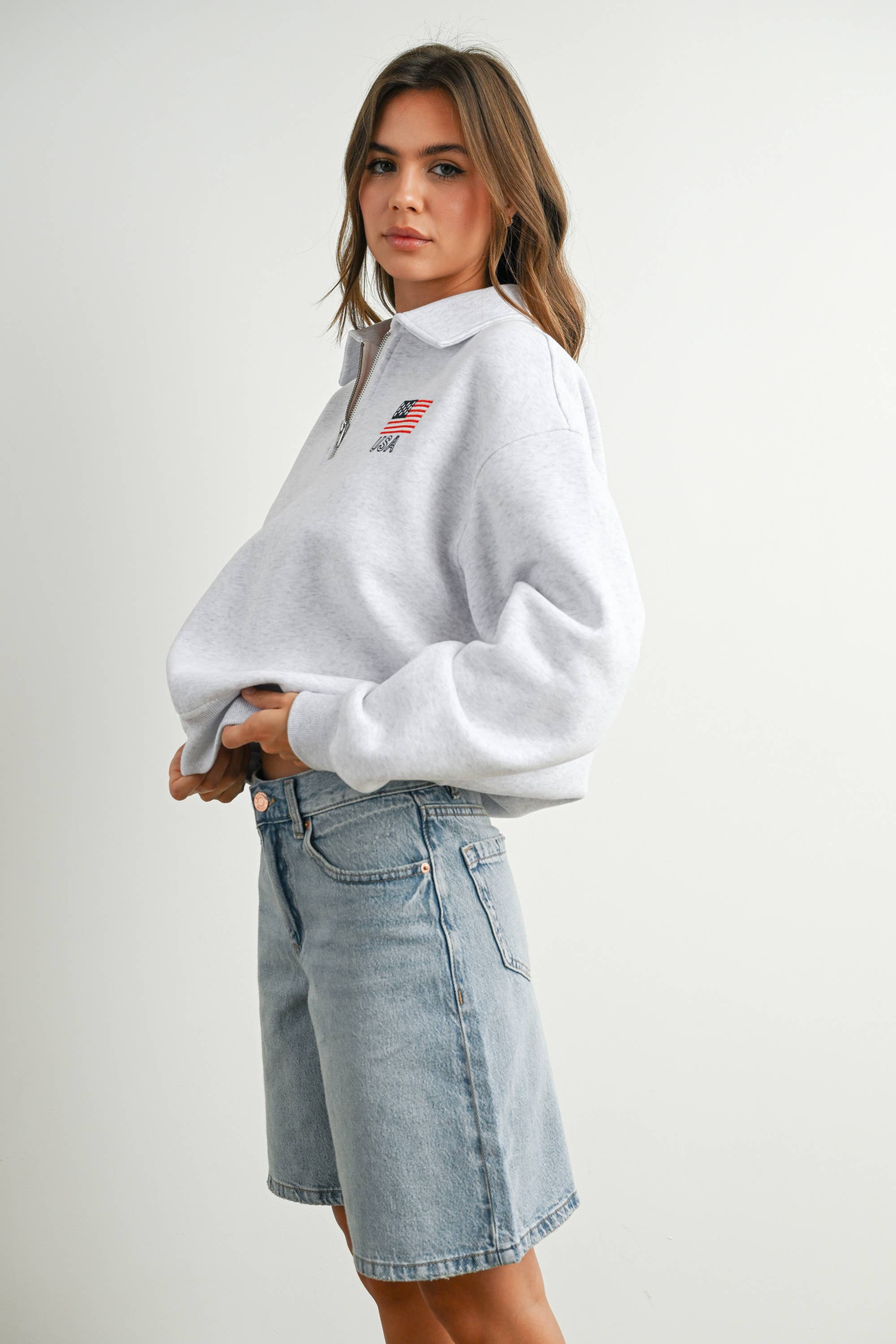 BUTTERMELON - Wholesale Sweatshirt - Women's - Loose Collared Quarter-Zip Top - BMT77943