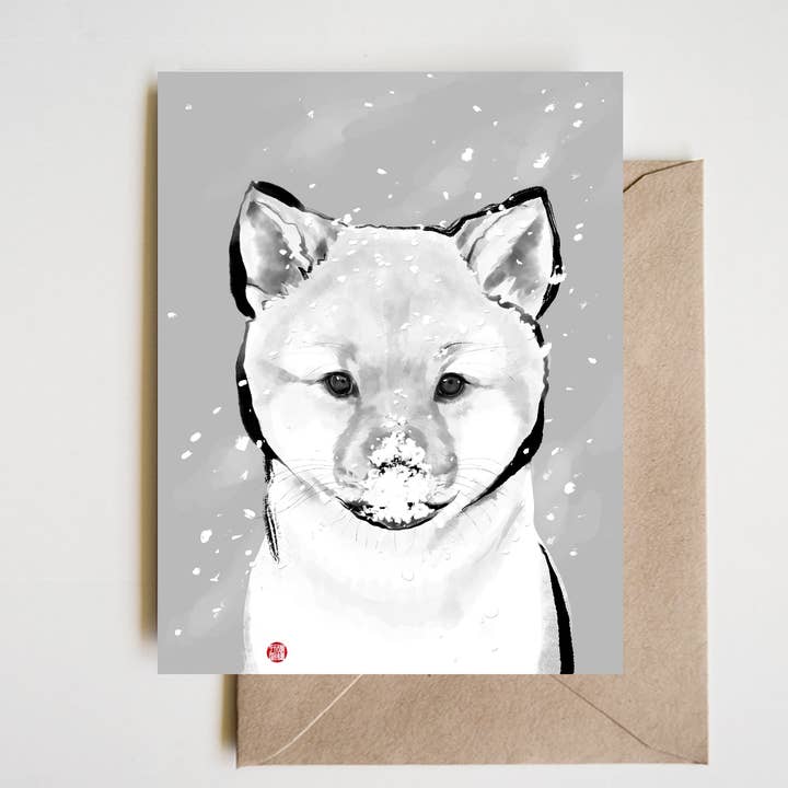 Sne på hvalpenæse lykønskningskort, Shiba Inu sumi Ink Pet for engroshandel hos RICE&INK