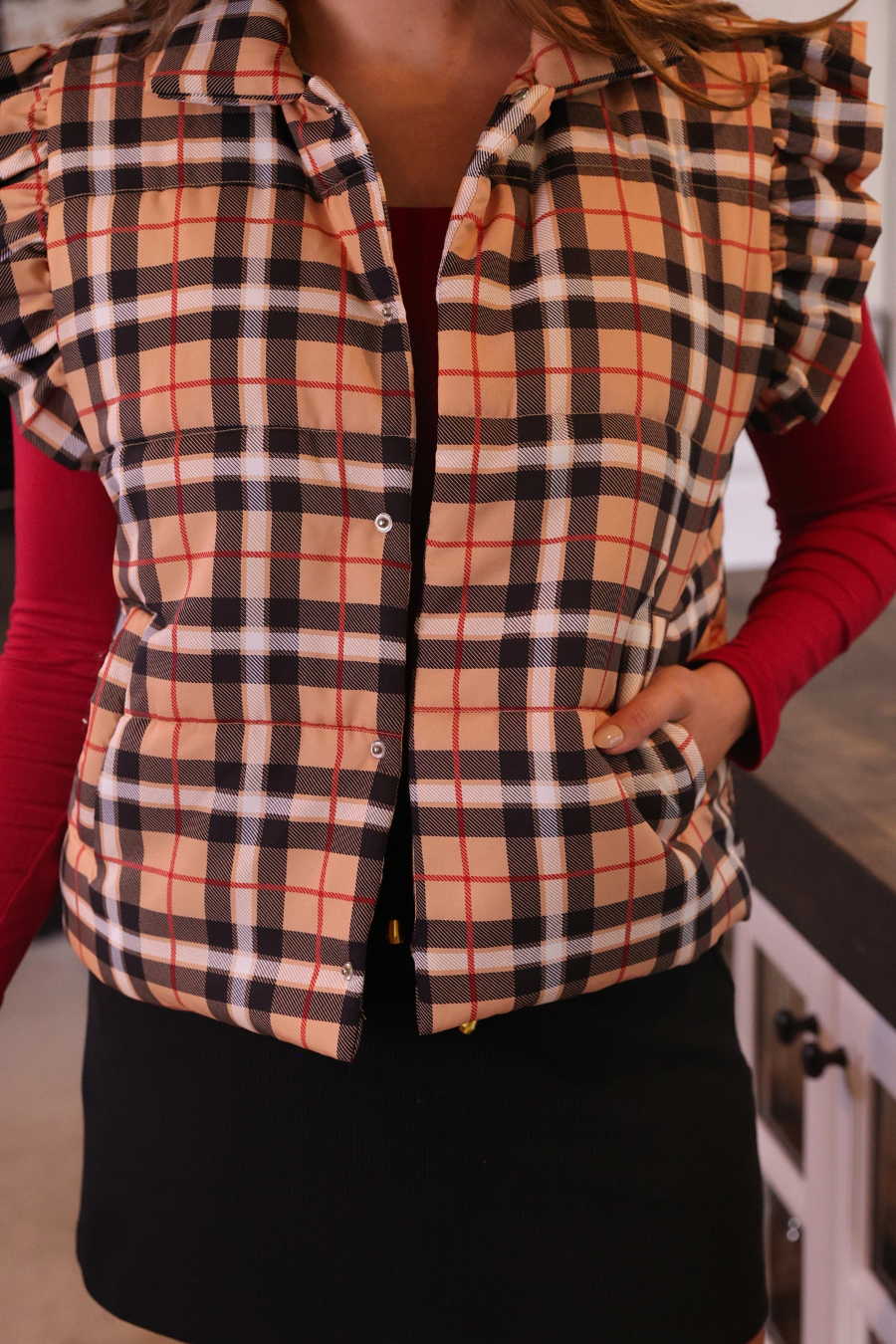 Brown Nora Plaid Puffer Vest for wholesale on Faire1