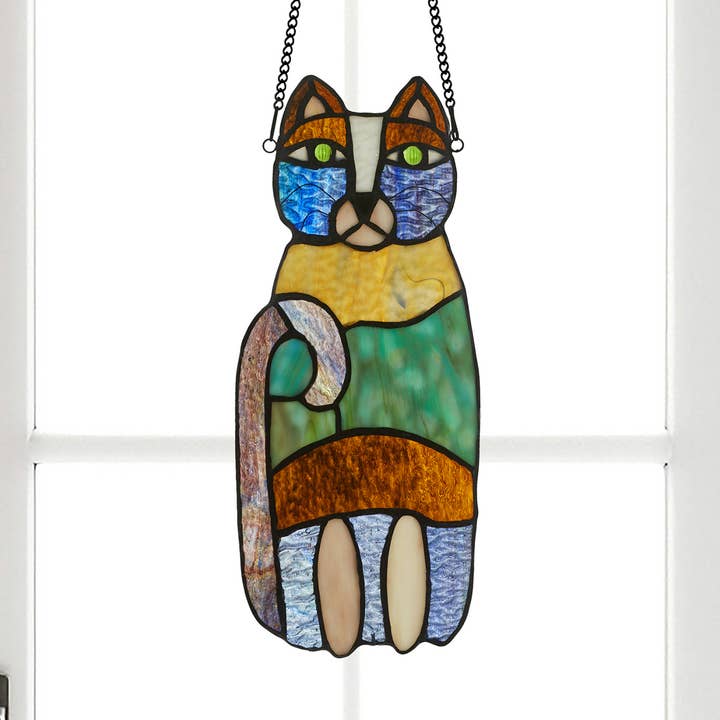 13"H Cecilia the Cat Multicolor Stained Glass Window Panel for wholesale by River of Goods