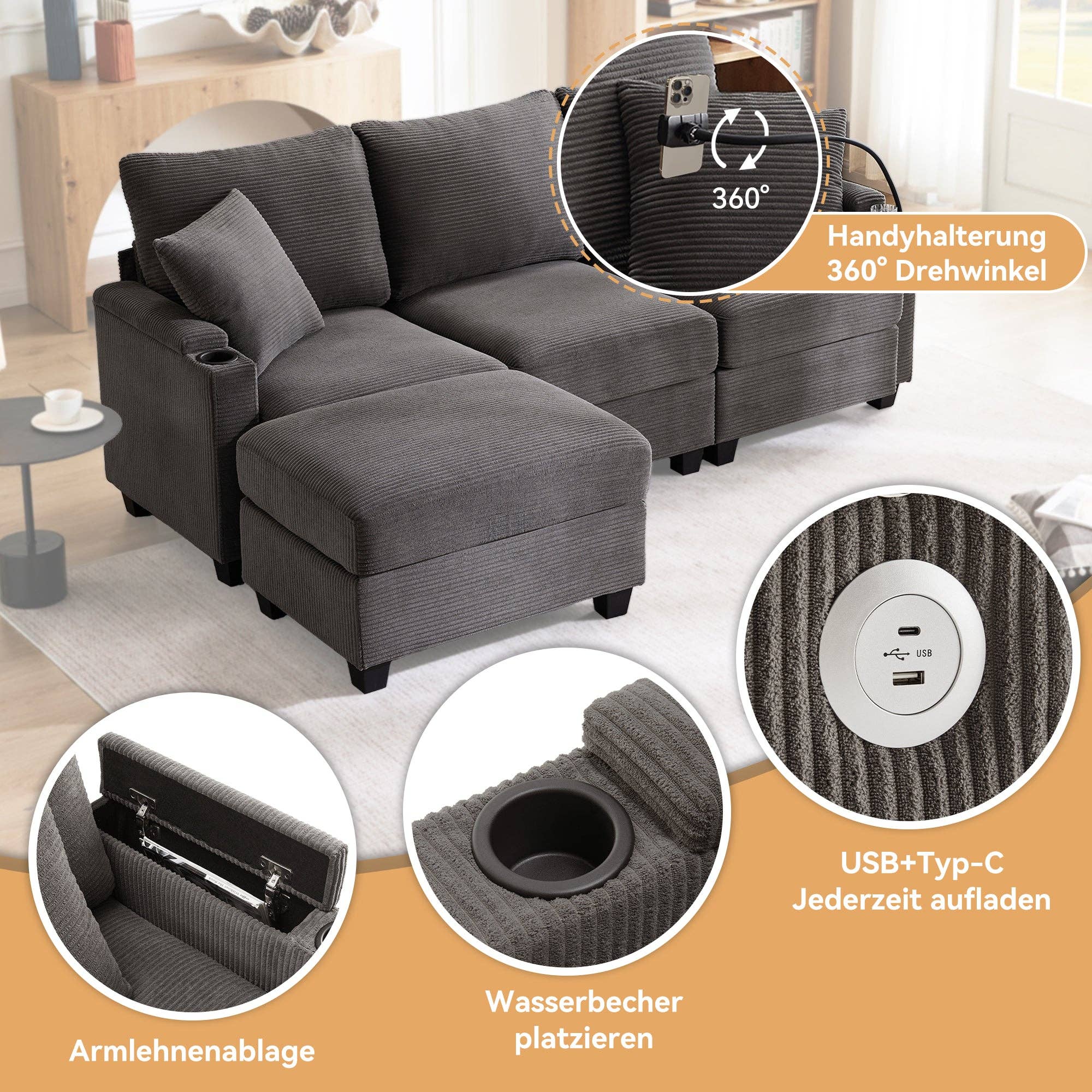 Urban Meuble - Wholesale Bank - Modulaire hoekbank in grijze ribfluweel, 3-4 zitplaatsen met afneembare poef, USB-poorten en bekerhouders GEYSERFOUNT10