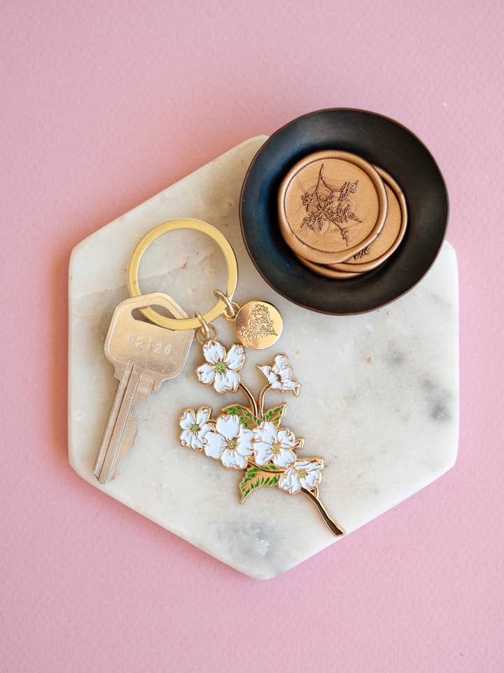 White Dogwoods Gold Soft Enamel Key Chain for wholesale by Seniman Calligraphy
