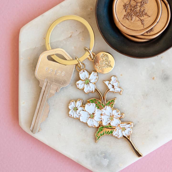 White Dogwoods Gold Soft Enamel Key Chain for wholesale by Seniman Calligraphy