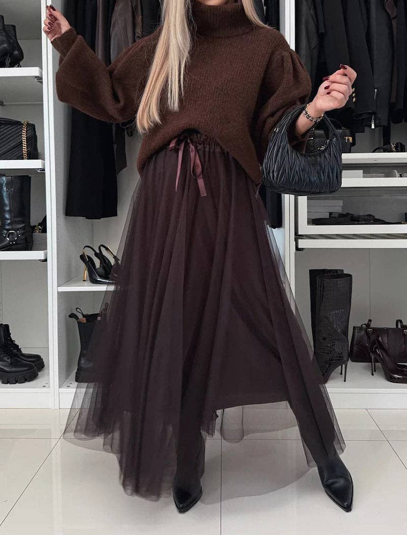 safistyle – Saia - Mulher por atacado – Saia Maxi Sobreposição de Tule com Cintura de Fita0