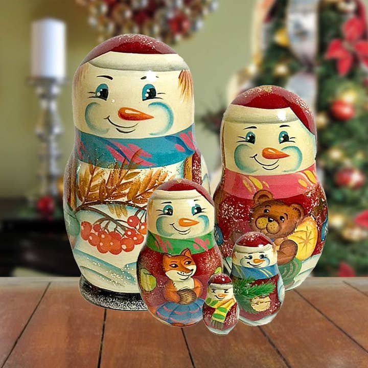 Designocracy – wholesale Doll – Kids – Snowman Winter Story Matreshka Nesting Doll Set of 5