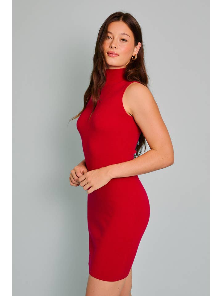 LE LIS - Wholesale Dress - Women's - MOCK NECK SLEEVELESS SLIT KNIT DRESS