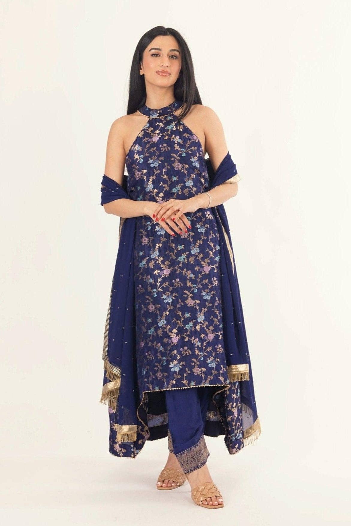 Navy Lazuli Blue Banarasi Silk Salwar Kameez Set with Halter Neck for wholesale on Faire3