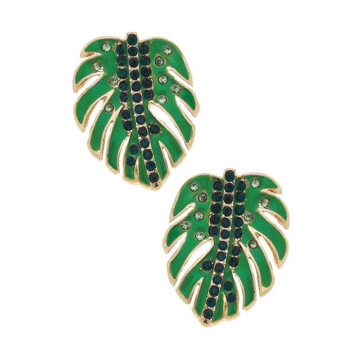 Canvas Style - Wholesale Stud/Post Earrings - Galapagos Pave Palm Leaf Stud Earrings in Green