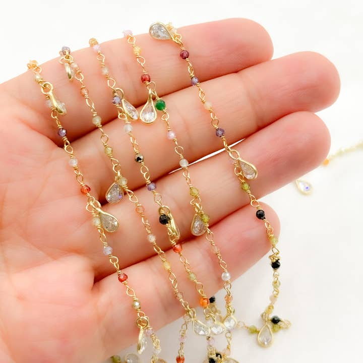 MCZ3. Multi Color Cubic Zirconia & CZ Dangle Gold Plated Wire Chain for wholesale by Tresor Jewelry Inc.