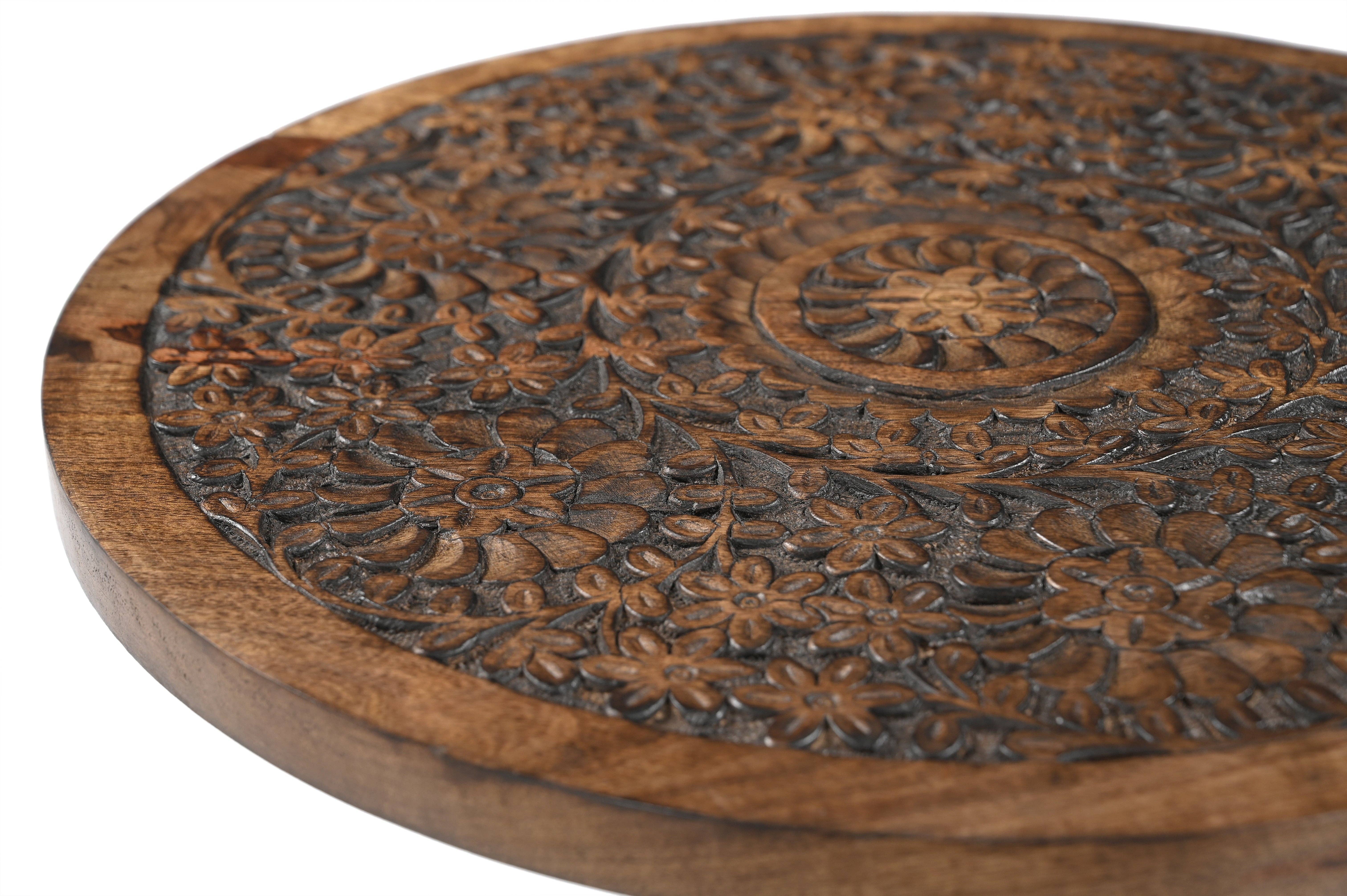 iAnanas - Wholesale Side Table - iAnanas Antique Brown Hand-Carved Round Side Table with Embellishments – Mango Wood2