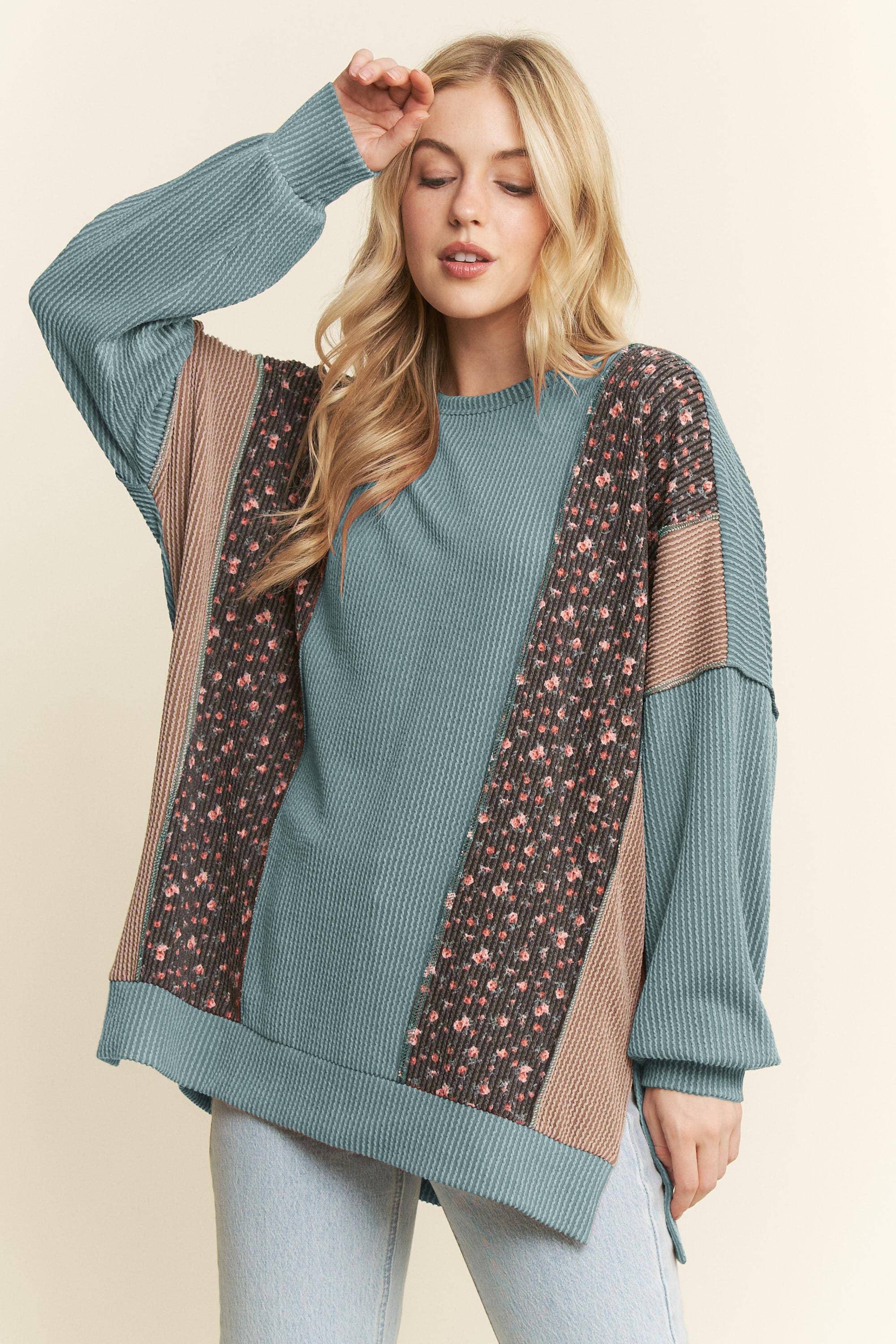 HEIMISH – wholesale Tunic – Women’s – ET7988-11 SOLID AND FLORAL URBAN RIB CONTRAST TOP13