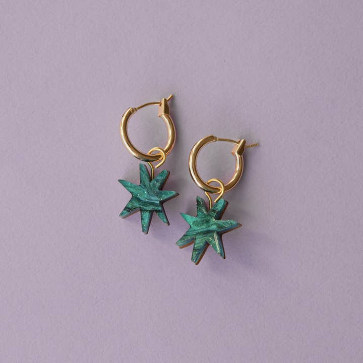 Hand Drawn Star Hoops in Marble Teal Sparkle for wholesale on Faire
