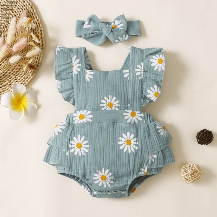 PatPat - Wholesale Bodysuit (Non-Footed) - Baby - 100% Cotton 2pcs Daisy Print Crepe Fabric Baby Romper Set