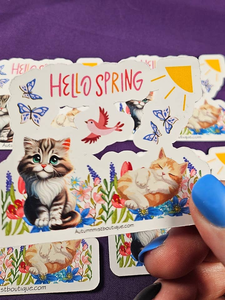 Hello Spring Cat Sticker Cute Rainy Day Cats | Autumnmist Boutique for wholesale by Autumnmist Boutique