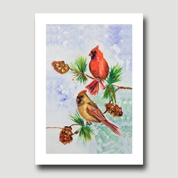 Fine Art For Small Spaces - Wholesale Art Print - Cardinal Pair Bird Nature Art Mini Print