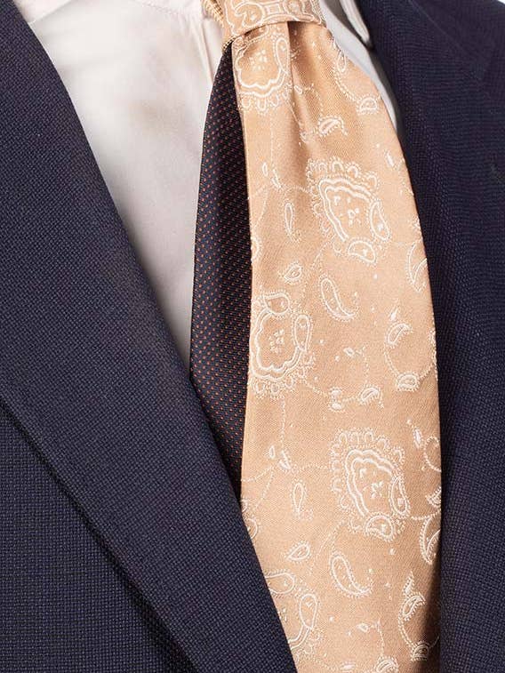 Krawatte Hellbeige Muster Weiß Kontrastknoten Hellbeige Medaillons Weiß N188 für den Großhandel von Graffeo Cravatte