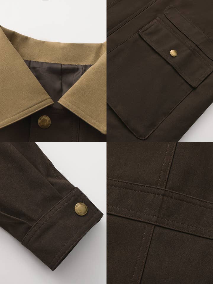 Brown Cropped Faux Suede Jacket with Contrast Collar for wholesale on Faire9