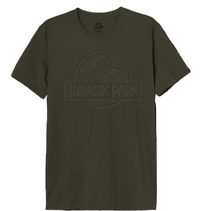 Official Jurassic Park T-shirt – Khaki Green Raised Rubber Print Logo for wholesale by COTTON DIVISION