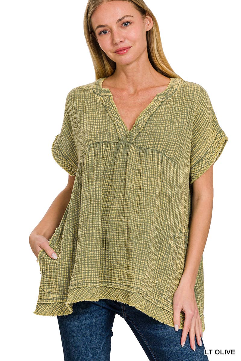 42POPS – wholesale Tunika - Dam – "Rå kant kortärmad V-ringad tröja2